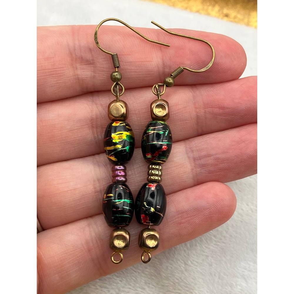 Handmade Iridescent Black Art Glass Beaded Dangle Drop Earrings
Eclectic Funky